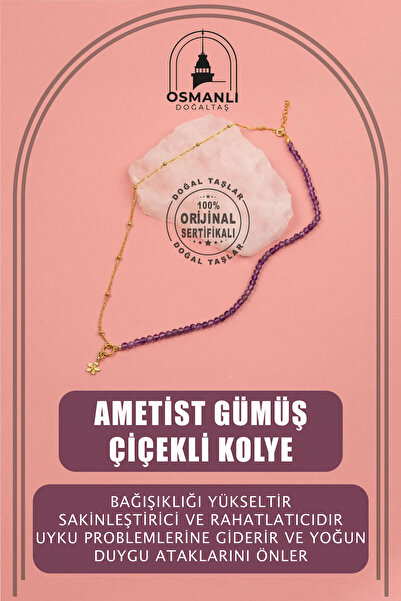 OSMANLI DOĞAL TAŞ Ametist Doğal Taş Gümüş Çiçekli Kolye - 50cm