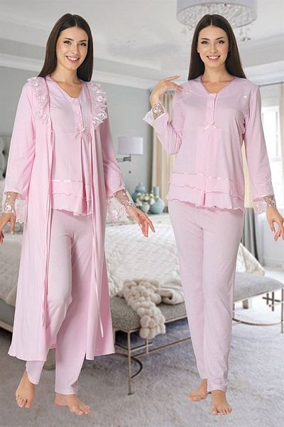 Pelin Women's Powder Long Sleeve Lace Maternity Maternity 3-Piece Pajamas Set