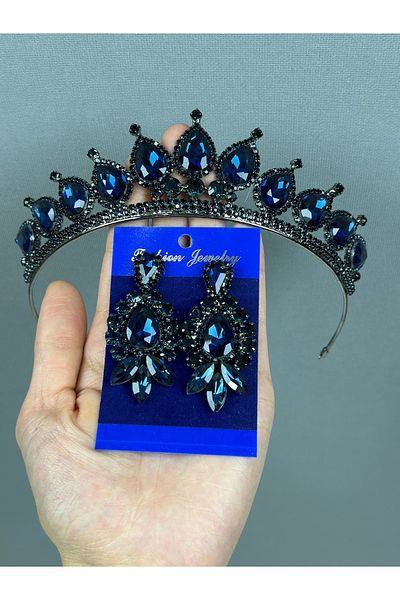Hayalperest boncuk Navy Blue Neri Model Wedding Henna Costume and Shuttle Drop Earring Set