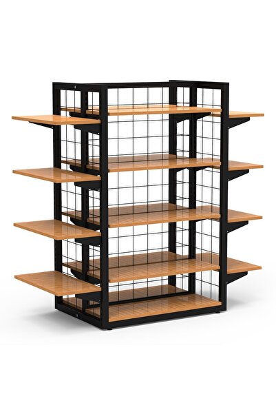 relaxstand 80X60 Dört Taraflı Metal Siyah Stand Bambu Raflı Ve Yan Modül Rafl...