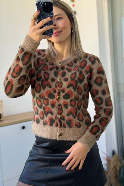 Kubos Moda Cardigan moale cu decolteu rotund cu model leopard portocaliu