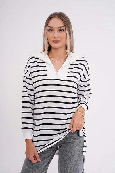 MD trend Women's Zippered Collar Striped Oversize Tunic Sweatshirt