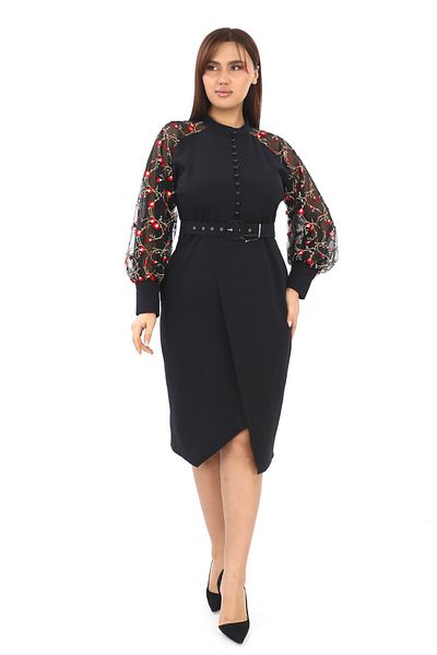 etselements Floral Print Tulle Sleeve Belted Evening Dress Black