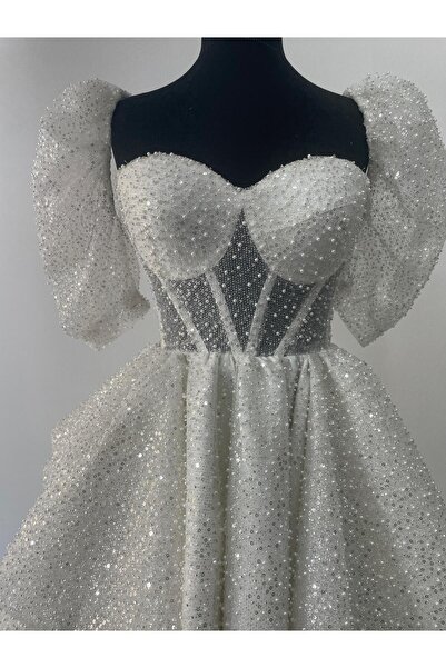 Sena Balenli Boncuk İnci  İşlemeli Işıltılı After Pary Elbisesi