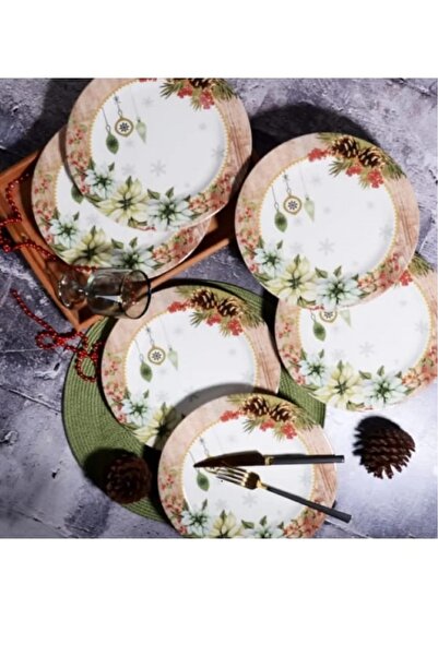 elif aksesuar Yılbaşı Temalı Porselen 6 Lı Yuvarlak Servis Tabağı 26 Cm