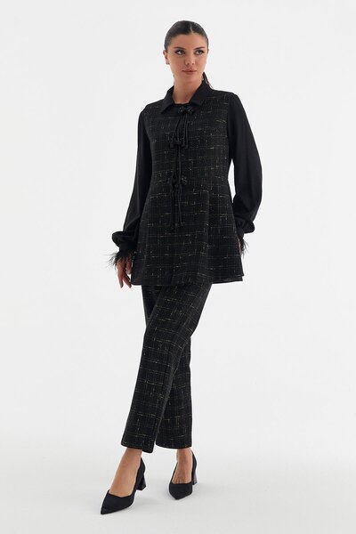 YAFA CLOTHING & ACCESSORIES Black Stamped Vest and Trousers Set