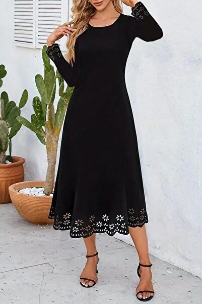 Deafox Black Long Sleeve Crew Neck Hemline Floral Laser Detail Midi Crepe Dress