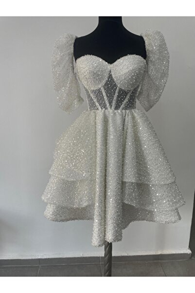 Sena Balenli Boncuk İnci  İşlemeli Işıltılı After Pary Elbisesi