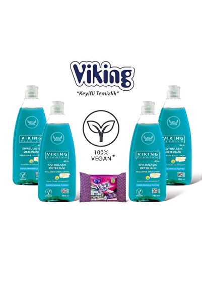 Viking Premium Bulaşık Deterjanı Fesleğen & Limon 750 ML 4 Adet + Magic Sünger