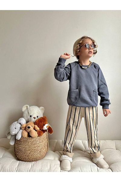 endudu Boys' Stripe Oversize Sweatshirt and Sweatpants Set - Plain Pocket Detail, 3 Thread