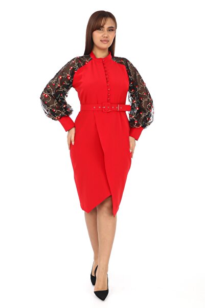etselements Floral Print Tulle Sleeve Belted Evening Dress Red