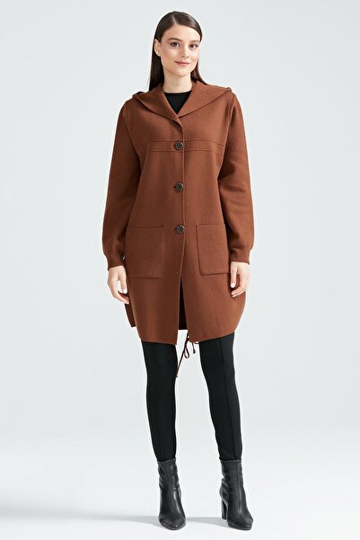 Tığ Triko KAPŞONLU ÖNÜ DÜĞMELİ HIRKA KAHVE