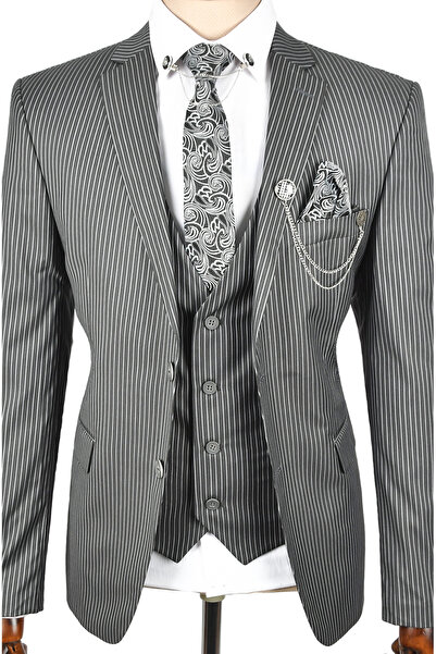 DeepSEA Erkek Gri Çift Düğme Çift Yırtmaç Çizgili Slim Fit 3 Lü Takım Elbise 2300162