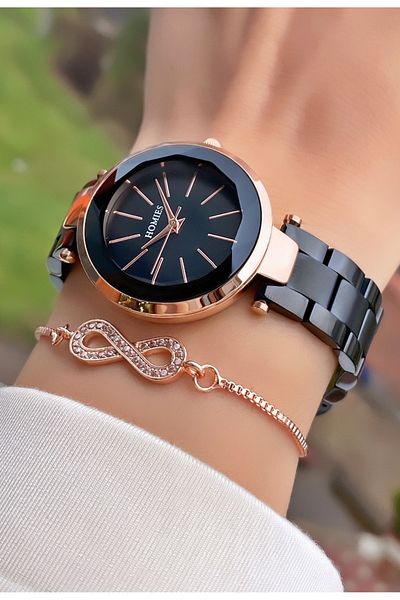 Homies Brand Black Rose Color Waterproof Women's Wrist Watch - Bracelet Gift
