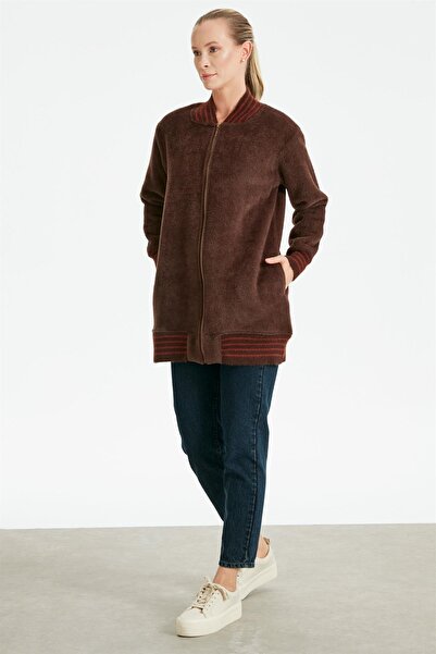 Tığ Triko Çizgili Ribanalı Bomber Mont KAHVE