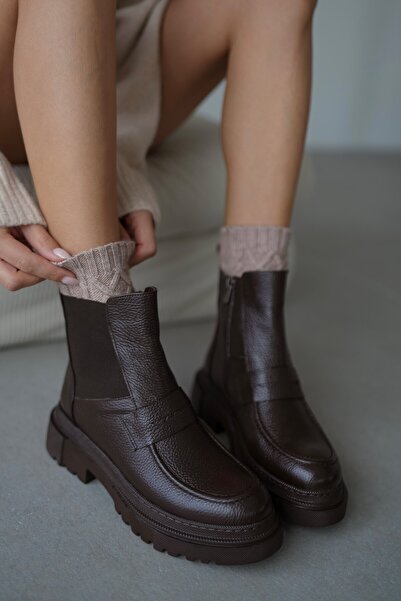 selin shoes Γυναικείες μπότες Viola από γνήσιο δέρμα με λεπτομέρεια ελαστικής ζώνης - Bitter Brown