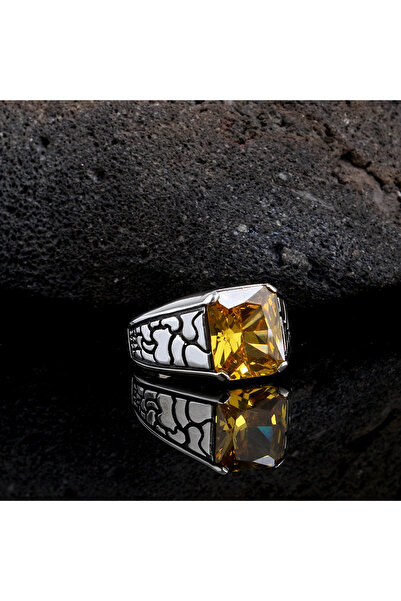Argento Silver Erkek gümüş yüzük sarı sitrin taşlı