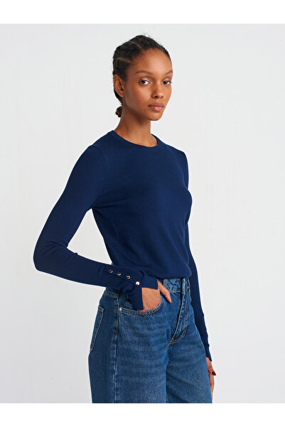 Dilvin Navy Blue Drop Sleeve Crew Neck Sweater