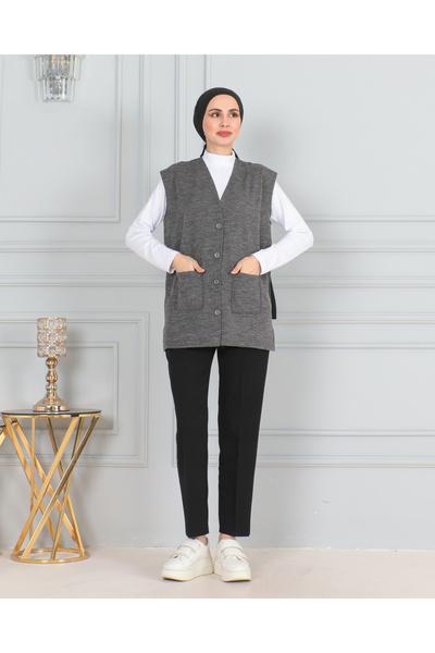 FATELLA Kadın Anne Kısa Desenli Kışlık Ince Düğmeli Cepli Penye Yelek Anneler Günü