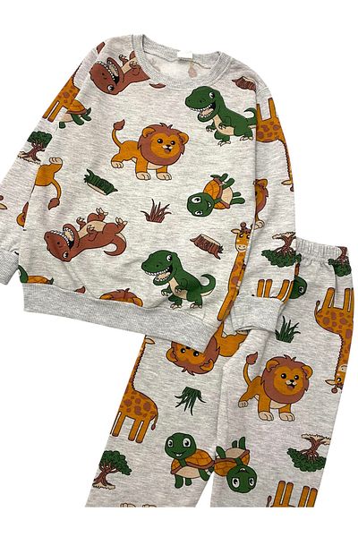 Şekerkids Boy's Two Yarn Cotton Raised Gray Safari Print Long Sleeve Winter Pajamas Set