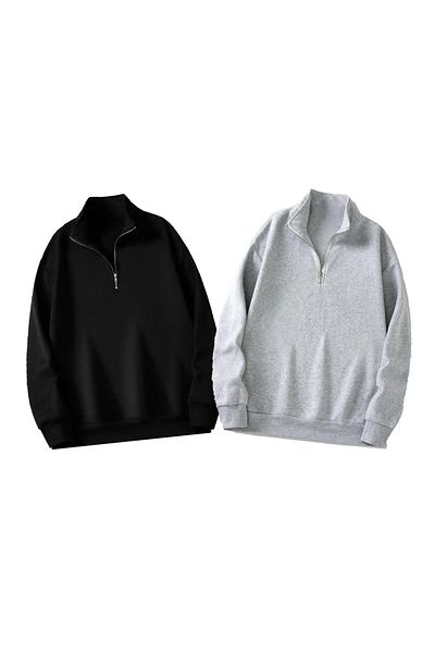 LA GULER Μαύρο Grimelange 2 τεμαχίων Φούτερ Oversize με μισό φερμουάρ