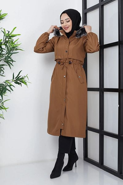 İmajButik Camel Hooded, Fur Lined, Drawstring Bondik Coat