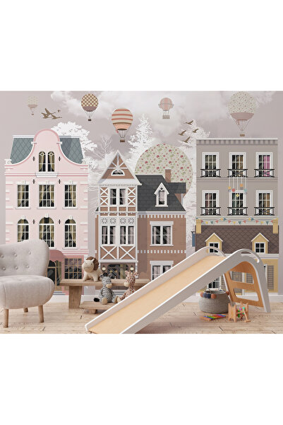 Tasarım Şehir Temalı Evler ve Balonlar Çocuk Odası Duvar Kağıdı