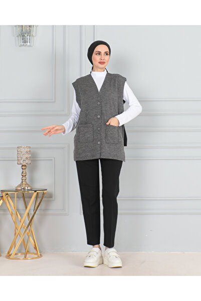 FATELLA Kadın Anne Kısa Desenli Kışlık Ince Düğmeli Cepli Penye Yelek Anneler Günü