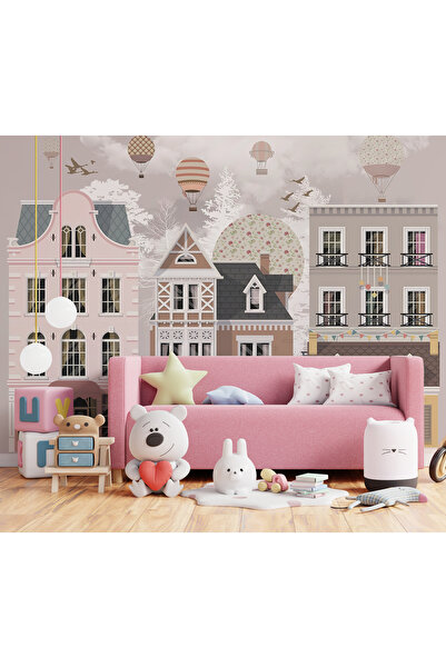 Tasarım Şehir Temalı Evler ve Balonlar Çocuk Odası Duvar Kağıdı