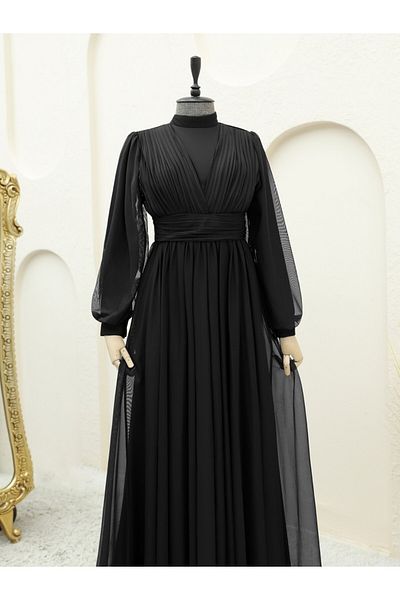 Modamorfo Pleated Double Breasted Tulle Evening Dress -Black