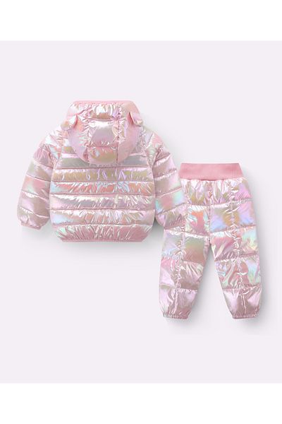 SAPS Full Sleeves Hooded Solid 3D Ears Detail Padded Jacket & Pants/Co-ord Set - Pink