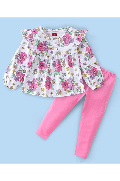 Babyhug 100% Cotton Knit Full Sleeves Top & Legging Set Floral Print - White & Pink
