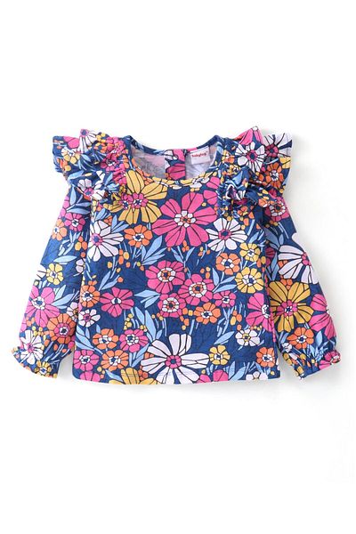 Babyhug - Single Jersey Knit Full Sleeves Top & Leggings Set Floral  & Frill Detailing - Navy Blue