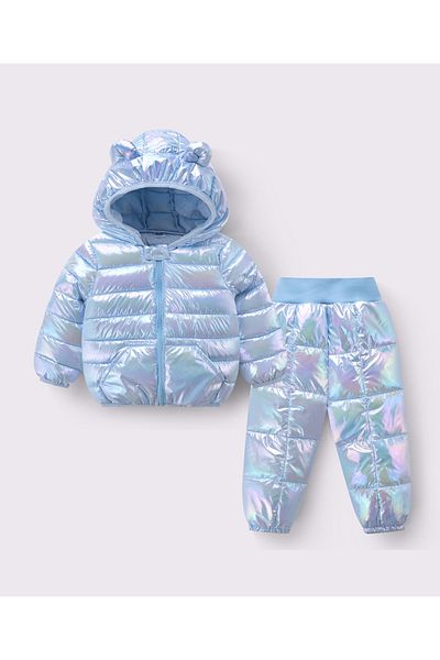 SAPS Full Sleeves Hooded Solid 3D Ears Detail Padded Jacket & Pants/Co-ord Set - Blue