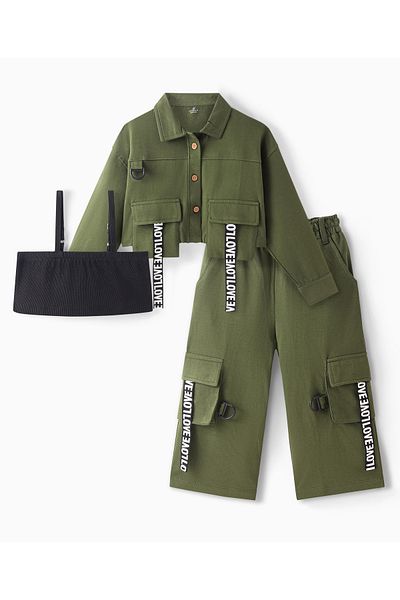 Ollington St. Ollington St. - 100% Cotton Full Sleeves Jacket & Cargo Pant With Inner Top - Olive & Black