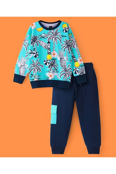 Ollington St. Ollington St. 100% Cotton Knit Full Sleeves Sweatshirt & Joggers Set Tropical Island Theme  - Blue