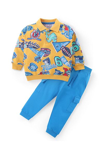 Babyhug Cotton Knit Full Sleeves Polo T-Shirt & Lounge Pants Set With Varsity Print - Multicolor