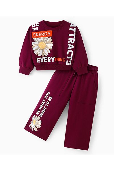 Ollington St. Ollington St. - 100% Cotton Knit Full Sleeves Sweatshirt & Loose Track Pants Floral & Print - Wine