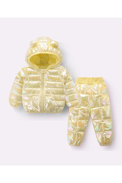SAPS Full Sleeves Hooded Solid 3D Ears Detail Padded Jacket & Pants/Co-ord Set - Yellow