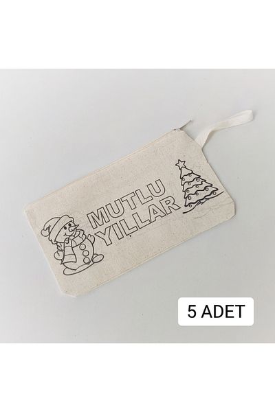 ORGANİZASYON HEDİYEM New Year Gift - 5 Pcs Happy Year Printed, Raw Cloth Paintable Pen Holder and Pencil Case