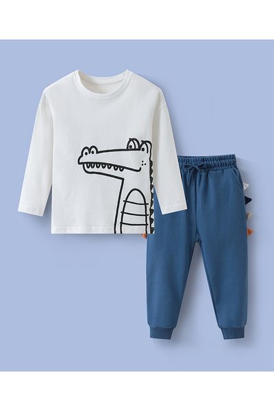 SAPS 100% Cotton Crocodile Graphic Full Sleeves T-Shirt & Solid Pants Set - White & Blue