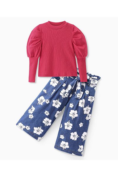 Ollington St. Cotton Knit Puff Sleeves Top & Floral Denim  Set Self Fabric Belt-Pink & Indigo