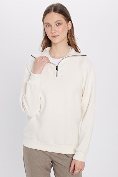 Tudors Unisex Relax Fit Rahat Kesim Fitilli Desenli Pamuklu Yarım Fermuarlı Ekru Dik Yaka Sweatshirt