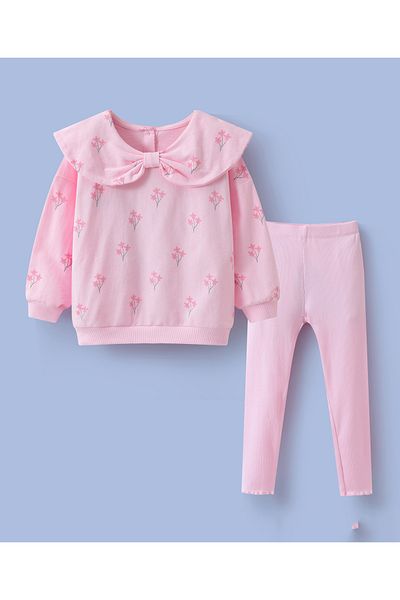 SAPS Floral All Over Printed Peter Pan Collared Top & Solid Leggings/Co-ord Set - Pink