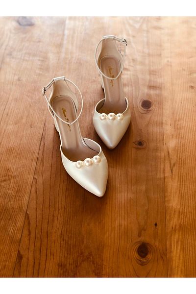 İlkinin Pabuçları Sedef Women's Evening Dress 3 Pearl Shoes, 5cm Thick Heel Ecru Bridal Shoes, Wedding Dress Shoes