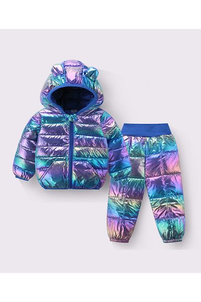 SAPS Full Sleeves Hooded Solid 3D Ears Detail Padded Jacket & Pants/Co-ord Set - Blue/Pink/Purple