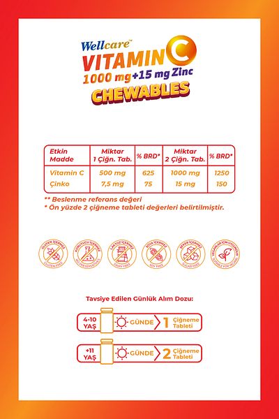 Wellcare Vitamin C 1000 Mg + 15 Mg Zinc Chewable Tablet 60 Tablets