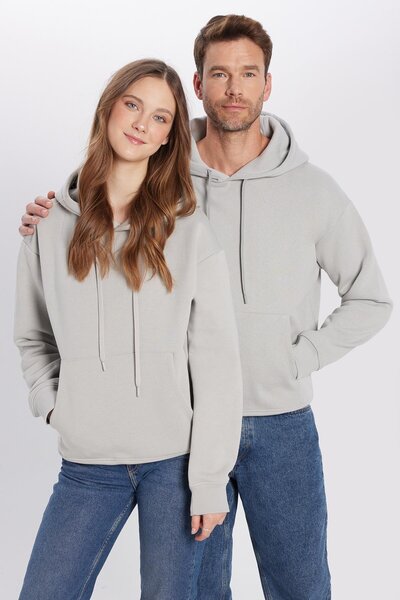 Tudors Unisex Oversize Geniş Kesim Pamuklu Yumuşak Dokulu Içi Polarlı Basic Taş Renk Kapüşonlu Sweatshirt