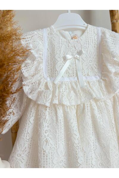 ALYRA Kız Bebek Çocuk Uzun Kollu Dantelli Fiyonklu Fırfırlı Parti Düğün Doğum Günü Bayramlık Elbise