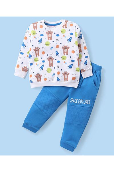 Babyhug Cotton Knit Full Sleeves Bear Printed T-Shirt & Pants Set - White & Blue